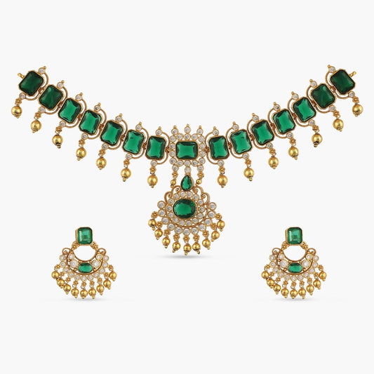 TARINIKA Green and White Cubic Zirconia(CZ) Indian Necklace Set with Earrings, Gold Plated Brass Fashion Indian Jewelry Gift for Women Bollywood Costume Jewellery (Emerald Shine CZ)