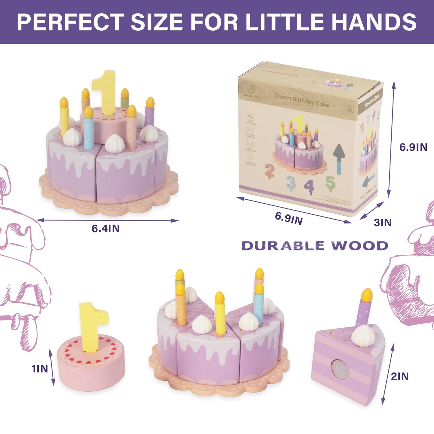 WoodenEdu Pretend Play Food for Toddlers 2-5,Wooden Birthday Fake Cake with Candles and Numbers,Tea Party Learning Kitchen Gift Toys for Boys Girls (Cream Cake)