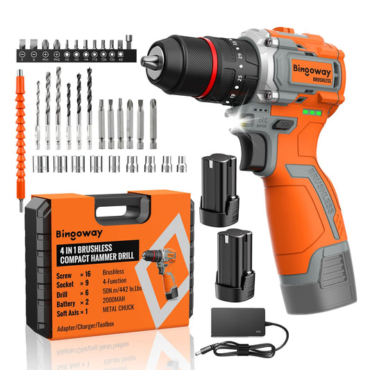 50N.m Brushless Cordless Drill, 16V 4-Function Electric Drill with 36 pcs Accessories, Keyless Metal Chuck, 35 Torque Adjustment, 2pcs Batteries, 2 Speed, Screwdriver, Wrench, Impact Gun For Housework