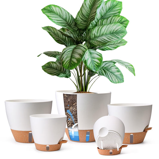T4U 5 Pack Self Watering Pots (6"+8"+9"+10"+12") - Water Level Indicator & Deep Reservoir, Mess-Free Planters for Busy People, Beginners & Gardeners, Fit Most Plants, Indoor Outdoor Use (White)