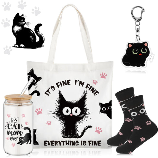Paterr 4 Pcs Black Cat Gifts for Women, Mother's Day Black Cat Lover Gift for Mom Birthday Decorations, with Canvas Tote Bag 16oz Glass Coffee Cup with Straw Socks Cute Keychain