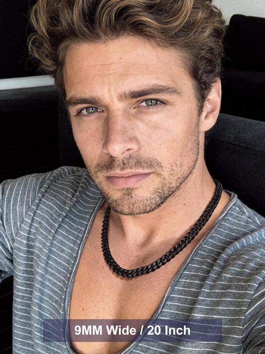 Bandmax Men's Black Cuban Link Choker, 9MM 20 Inch Miami Stainless Steel Chain Necklace, Cadena de Acero Inoxidable, Fashion Jewelry Gift for Father Husband Son