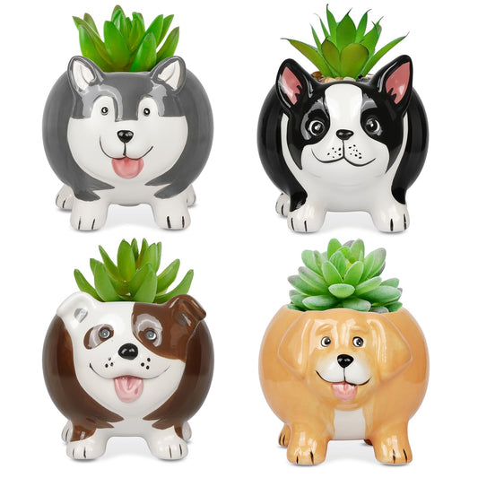BUYMAX Animal Succulent Plant Pots, Mini Doggy Shape Succulent Planter Handmade Ceramic Plant Pot - Cute Dog Planter for Plants Flower Cactus, Home Decoration Gift - 4 Pack
