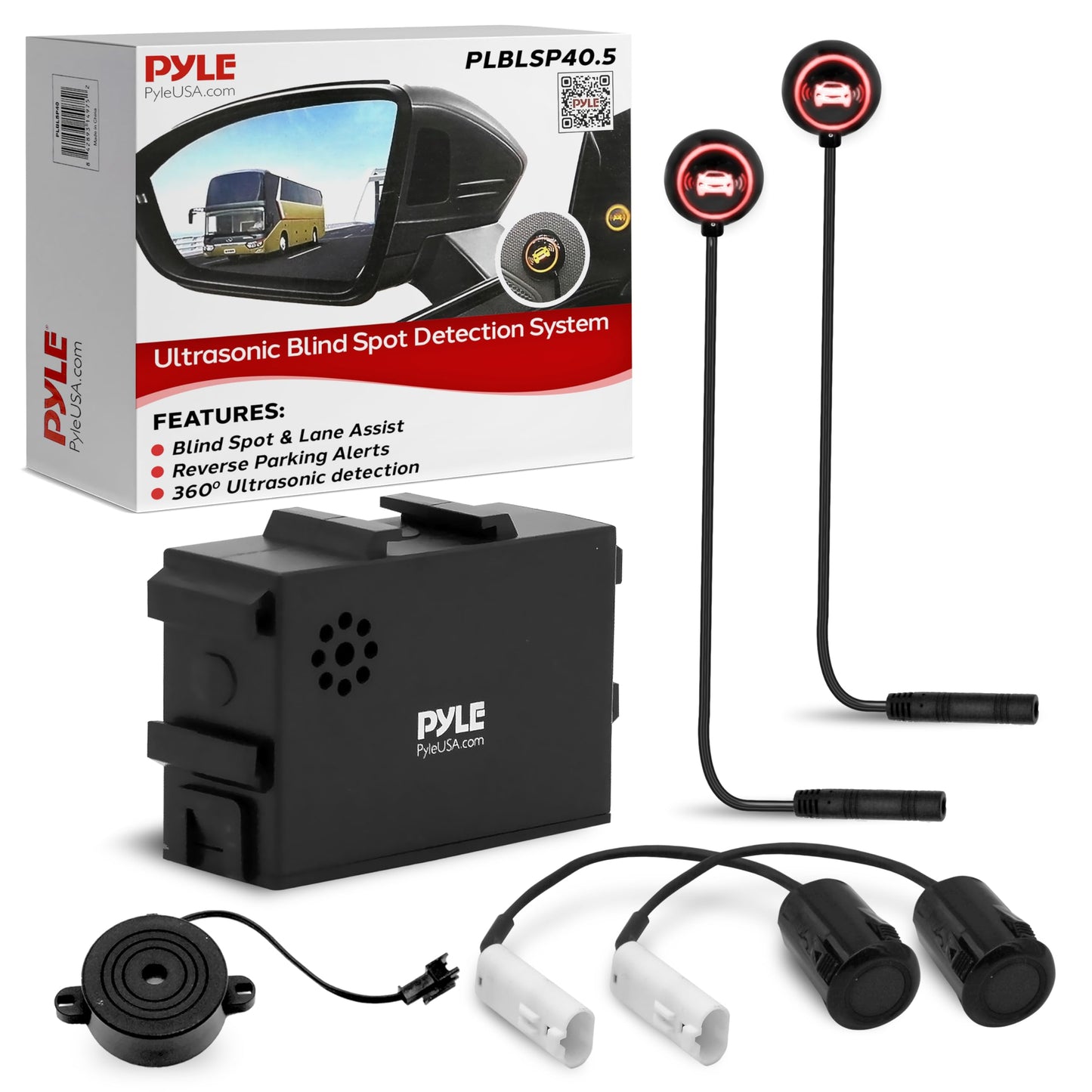 Pyle Ultrasonic Blind Spot Detection System, BSD Change Lane Safer, BSA BSM Blind Spot Monitoring Assistant Car Driving Security with Reverse Parking System, LED Buzzer Monitor, 5 Meter Range