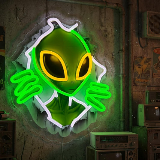 Alien Peeking Through Wall Neon Sign, Green UFO LED Wall Light, USB Powered Alien Neon Light for Game Room, Men's Cave, Bedroom & Party Decor, Ideal Alien Gifts