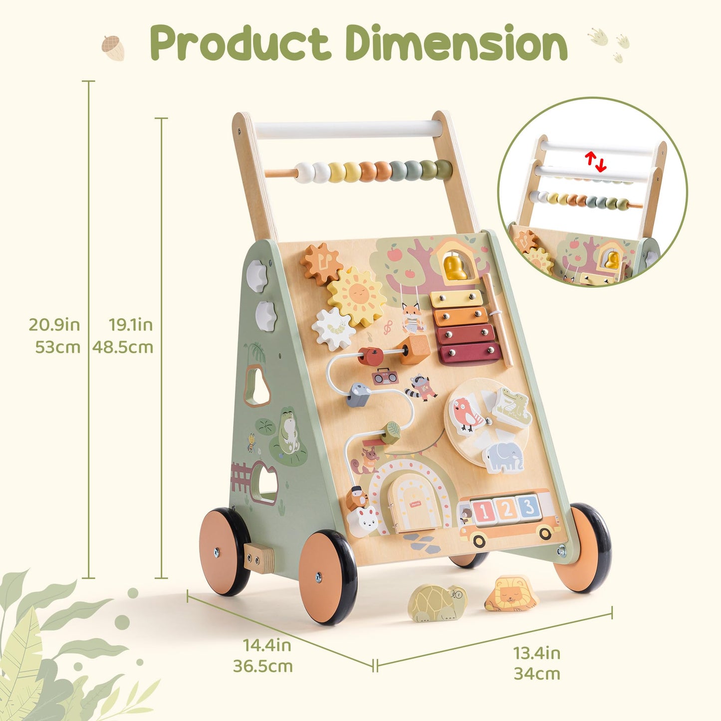 ROBOTIME Baby Walking Toy, Adjustable Speed & Height Wooden Baby Walker Push Toy, Montessori Toddler Push Toy with Brake, Storage & Multi-Activity Play Center for 10M+ Kids (Forest Fairy Tale)