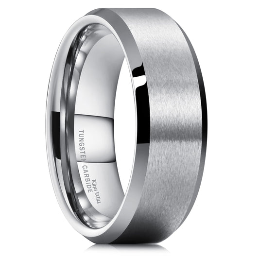 King Will Silver 7mm Men's Wedding Ring - Brushed Matte Finish, Beveled Polished Edge, Comfort Fit Size 14