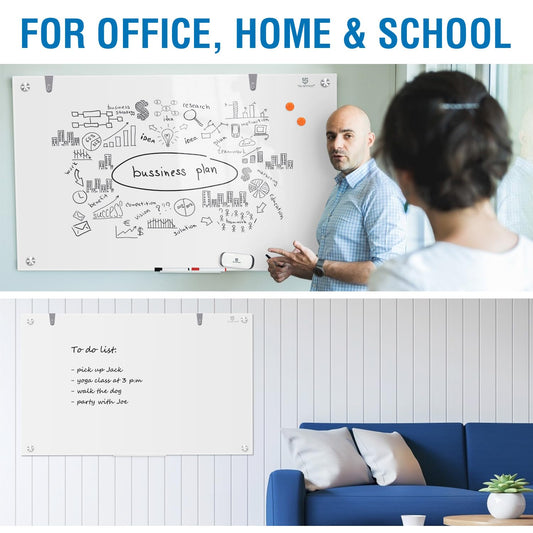 TSJ OFFICE Glass Dry-Erase Board - 36 x 24 Inches Brilliance White Magnetic Glass Whiteboard, Wall Mounted Large Frameless White Board for School, Home & Office