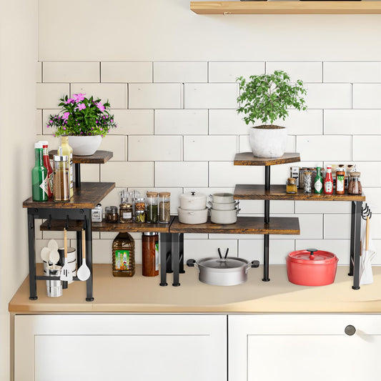 Uniqcovosa Kitchen Countertop Organizer, 3 Tier Moveable Corner Shelf Kitchen Shelf with Hook, Countertop Organizer for Bathroom, Spice Rack, Bookshelf, Coffee Area, Dresser Table (Brown)