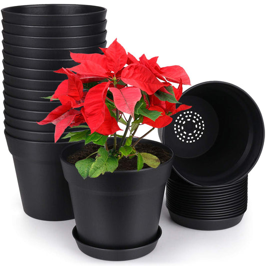 homenote Pots for Plants, 15 Pack 6 Inch Plastic Planters with Multiple Drainage Holes and Tray,Plant Pots for All Home Garden Flowers Succulents (Black)