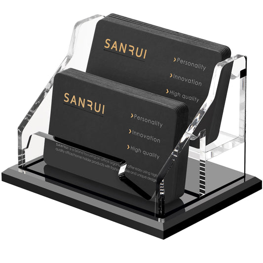 SANRUI Acrylic Business Card Holder, Black Business Cards Display Stand for Desk, Clear Horizontal 2 Slot Desktop Organizer , 120 Card Capacity