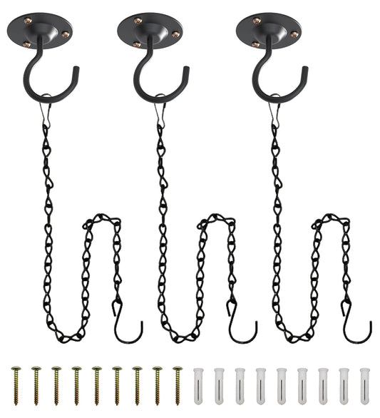 NACETURE Ceiling Hooks for Hanging Plants 3 Pack - Plant Hanger Indoor Hanging Hooks Metal Plant Bracket Iron Lanterns Hangers for Wind Chimes (Black 3 Pack + Chain)