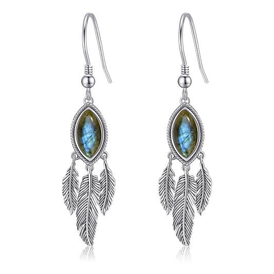 AVECON Labradorite Feather Dangle Earrings for Women 925 Sterling Silver Drop Earring Boho Leaf Statement Earrings Unique Hook Earrings Valentine's Day Vintage Feather Earrings Women's Jewelry