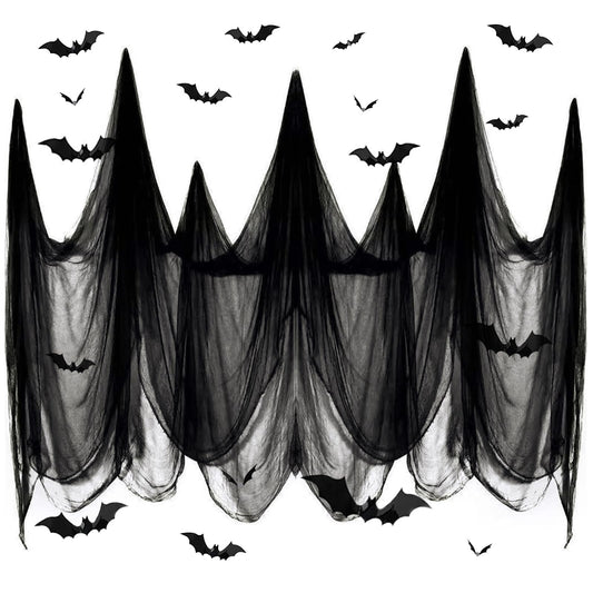 SHIYOUO 400" x 85" Halloween Black Creepy Cloth, Large Size Spooky Gauze Fabric, Halloween Scary Decoration for Haunted Houses Party Supplies Indoor Outdoor-Black 400" x 85"