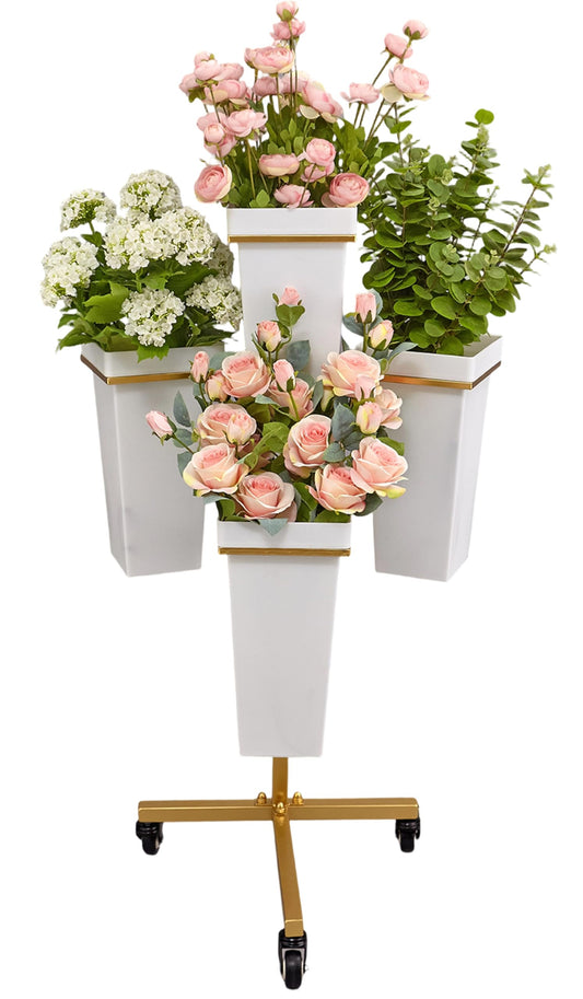 FEFZSFER Flower Display Stand with Buckets - Flower Cart with Wheels for Bouquet Shop, Metal Flower Rack Display Stand for Wedding Garden, Party, Events (Gold, Square buckets)