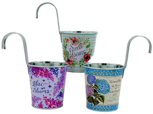hadaaya Metal Hanging Flower Pots with Hooks for Balcony Railings Backyard Garden Fences Country Cottage Style Multicolor for Florals Succulents Orchids Nursery Planter-3 Pack
