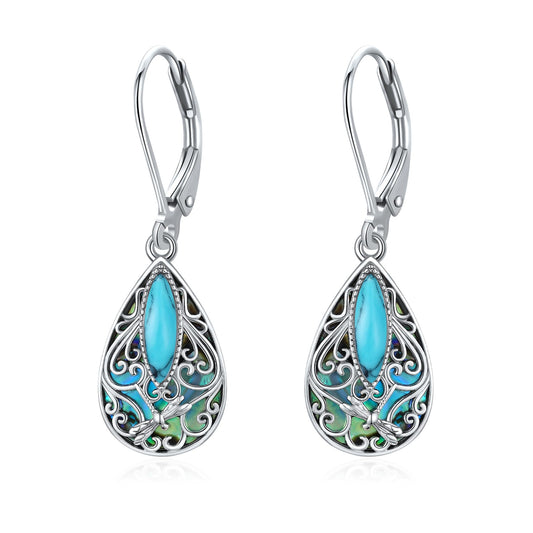 Dragonfly Filigree Earrings Sterling Silver Teardrop Turquoise Filigree Leverback Earrings Gifts For Women Jewelry