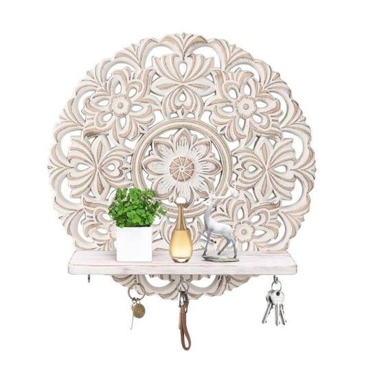 Kenvary 11.6-inch Round Mandala Key Holder for Wall - White Vintage Floral Key Holder with Hooks & Shelf - Farmhouse Decorative Entryway Organizer for Keys, Masks & Mail - Rustic Boho Wall Decor