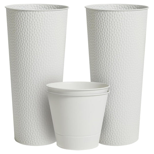 Worth 2 Pack 28" Tall Narrow Metal Planter with Inside Pot for Indoors or Outdoors, Deck, Patio or Front Porch, Hand-Hammered Texture, White