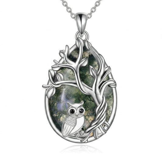 POPLYKE Owl Tree of Life Moss Agate Necklace for Women 925 Sterling Silver Family Tree Pendant Jewelry Birthday Gifts