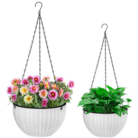 Foraineam 2-Pack Dual-pots Design Hanging Basket Planters Self-Watering Indoor Outdoor Plant & Flower Hanging Pots with Drainer and Chain, 2 Size Assorted (White)