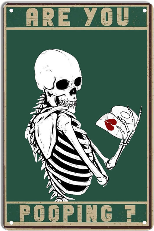 Vintage Skeleton Are You Pooping Funny Tin Signs Bathroom Wall Decor Metal Tin Sign 8x12 Inch