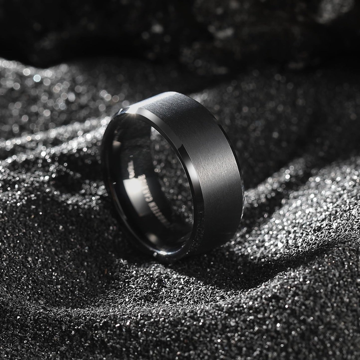 King Will 8mm Men's Black Wedding Ring - Brushed Matte Surface, Beveled Polished Edge, Comfort Fit Size 8