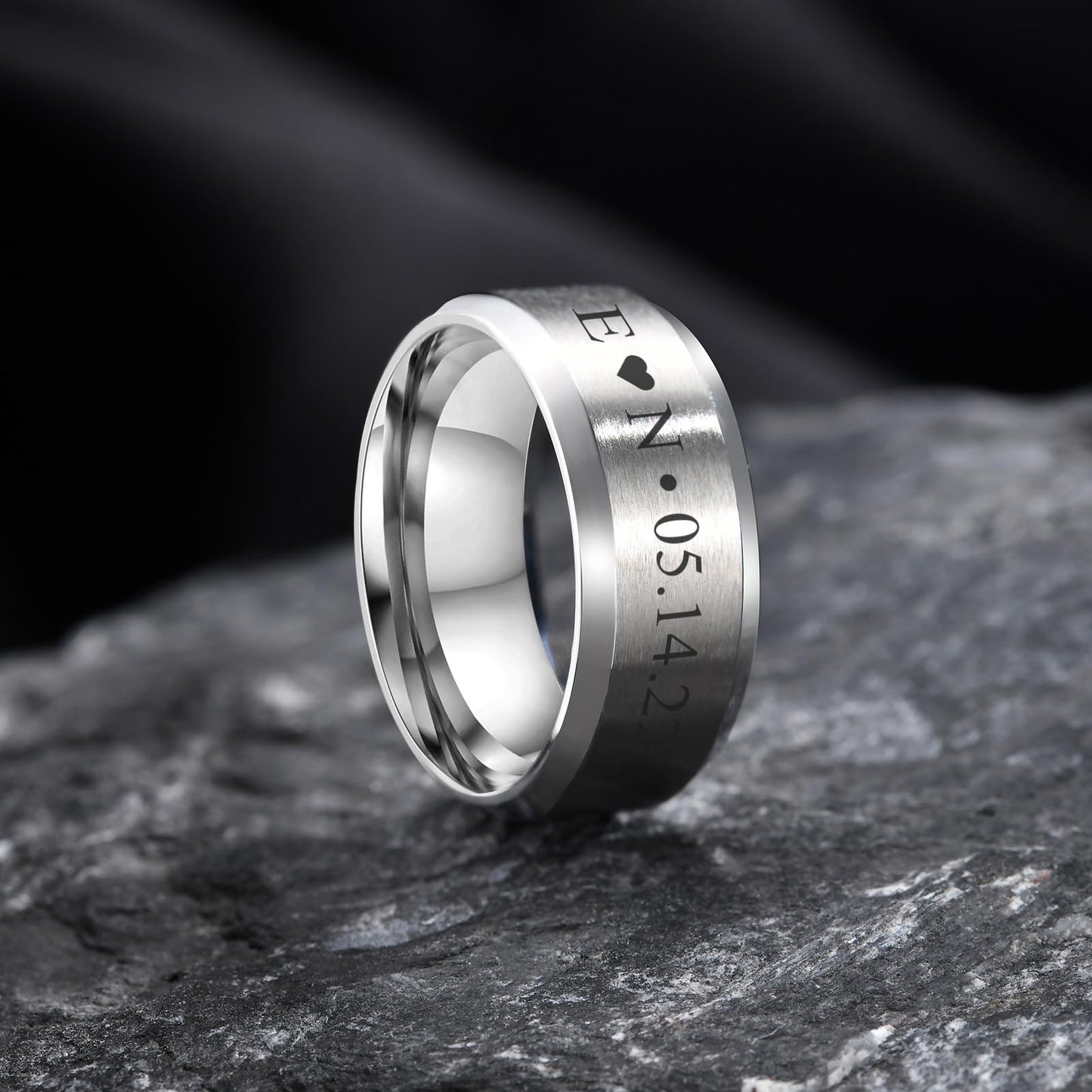 VNOX Customize Personalized Name Date LOVE 8MM Stainless Steel Simple Matte Brushed Finish Wedding Band Engagement Rings for Men Women,Size 11,Silver