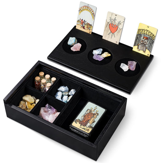 Emfogo Wooden Tarot Card Holder - Slide-Top Lid with 2 Card Slots Holds 8 Cards & Displays Crystals, Multi-Compartment Organizer for Jewelry, Trinket, Keepsake, Witchcraft Supplies (Black)
