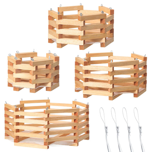 Romooa 4 Pcs Wooden Orchid Baskets with Hangers for Outdoor Plants, Rustic Handmade Vanda Baskets, Hanging Orchid Planter, 4 Size