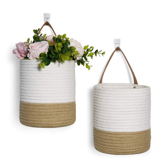 Goodpick 2pack Jute Rope Hanging Basket - Small Woven Fern Wall Hanging Baskets Flower Plants, Woven Basket Key Storage Baskets, White and Jute 7.87 x 7 x 11.7 inches