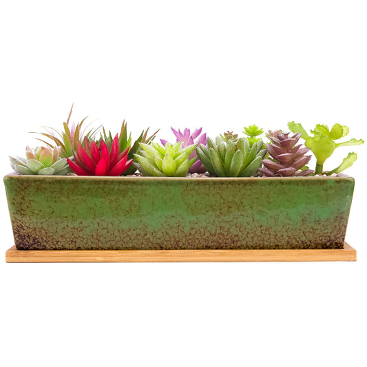 Artketty 12.1 Inch Large Succulent Planters Pots with Drainage Tray, Long Rectangle Ceramic Pots for Indoor Cactus/Succulent Plants Shallow Bonsai Window Box for Home Garden Decor (Green)