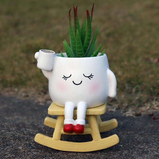 Dolkgy Cute Plant Pots Head Planters, Unique Rocking Chair Drinking Coffee Girl Face Vase, Decorative Cactus Succulent Flower Pots, Gifts for Plant Lovers