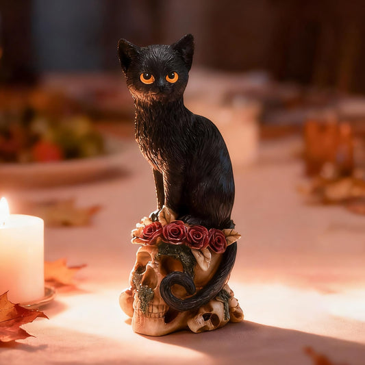 Black Cat Skull Statue, Gothic Resin Sculpture for Home Decor, Spooky Occult Witchy Dark Academia Collectible, Spring Gift for Cat Lovers Goth Collectors Men Women, Birthday Anniversary Housewarming