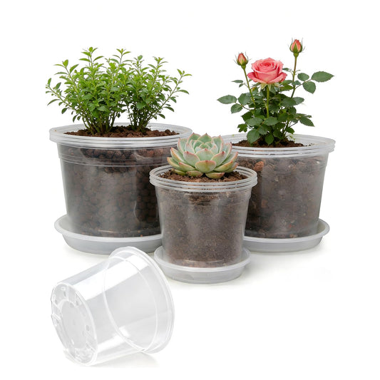 THEIFOXONE 4 Sets 10 Inch Large Clear Nursery Pots with Drainage Holes, Thick Reusable Plastic Plant Pots for Indoor Outdoor Plants, Seedlings, Succulents, Transplanting (10 inch)