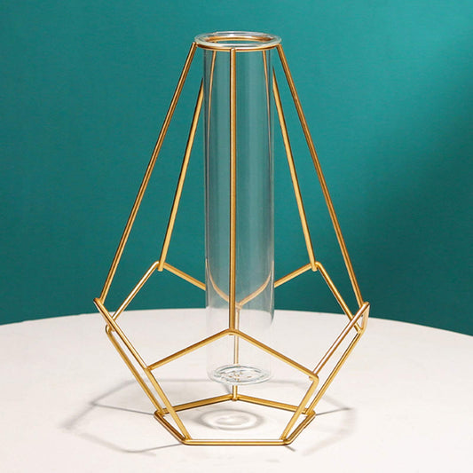 Metal Frame Vase Geometric Glass Flower Vase, Lantern Shape Glass Test Tube Vase, Modern Creative Clear Tube Glass Planter Terrariums with Geometric Metal Stand for Decor Office Home (Golden B)