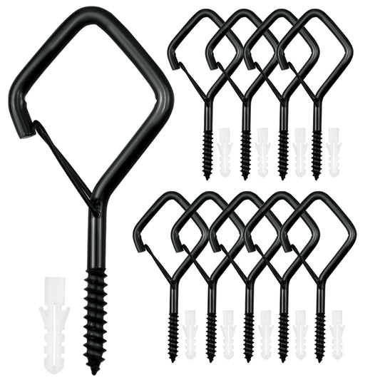 10 PCS Black Eye Screw Hooks, 4 Inch Ceiling Hooks for Hanging Heavy Duty Items with Safety Buckle – Metal Eye Bolt Hooks for Hanging Plants, Wind Chimes, Bird Feeders, String Lights, and More