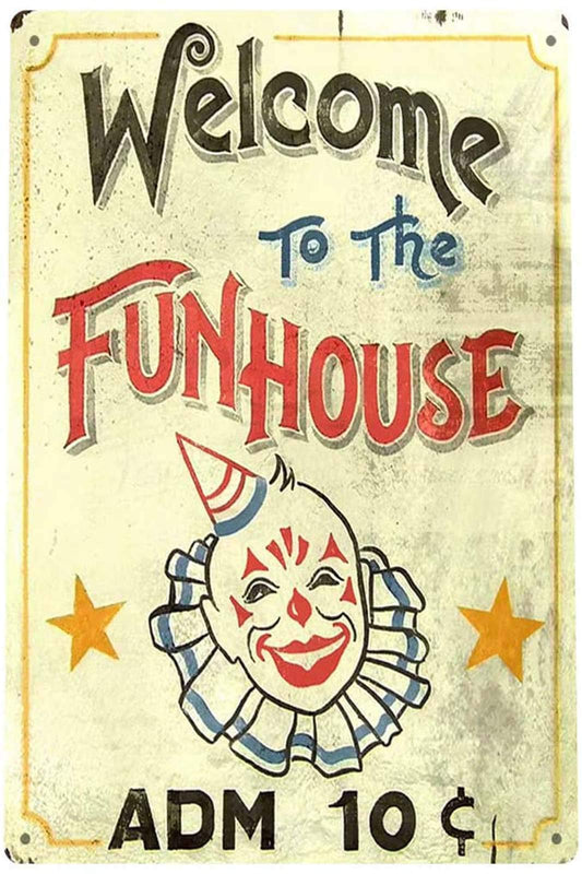 TIN Sign Fun House Circus Metal Decor Clown Art Kitchen Store Ranch Bar 12" x 8"