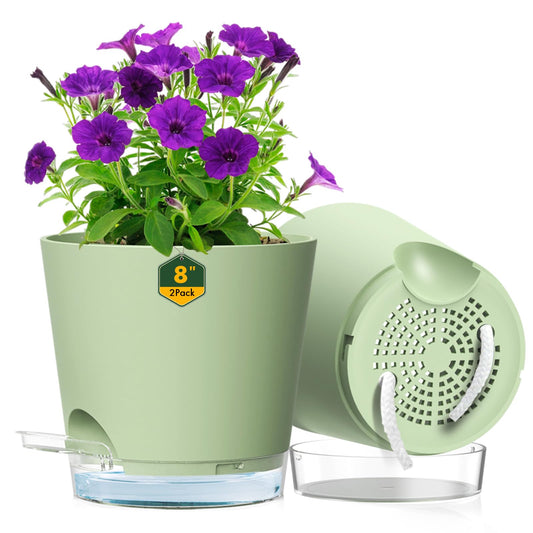 Meowell 8 inch Self Watering Pots for Indoor Outdoor Plants, 2 Pack Flower Plant Pots with Drainage Holes & Clear Reservoir for Visible Water Level, Plastic Wicking Planters for House Plants, Green