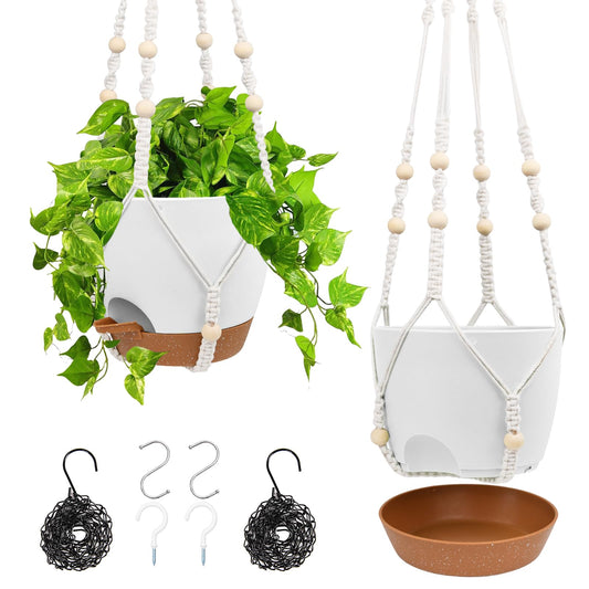 Vanslogreen Hanging Planters for Indoor Outdoor Plants, 2 Pack Self Watering Hanging Pots, Hanging Plant Baskets with Drainage Holes & 2 Types of Plant Hangers (White, 6'')