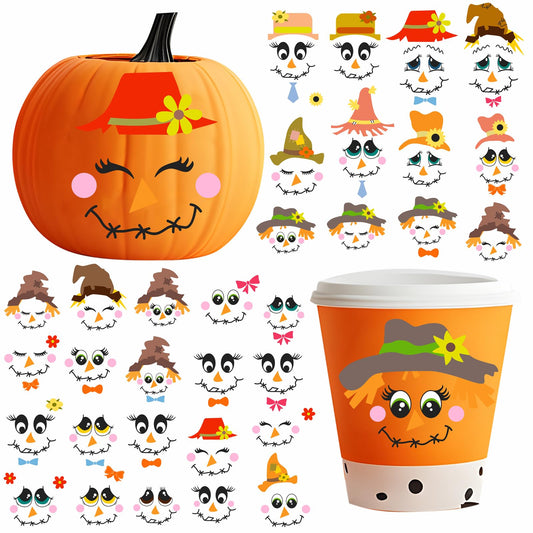 Pumpkin Decorating Stickers Halloween Pumpkin Faces Decals Funny Cartoon Scarecrow Faces Stickers Halloween Glass Decals for Crafts Cups Jars Ornaments Holiday Thanksgiving Party Decorations