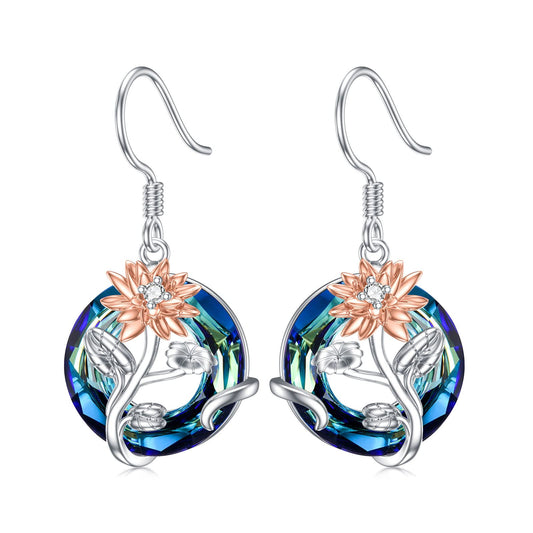 TOUPOP July Birth Flower Earrings Lotus Drop Dangle Earrings Blue Crystal Jewelry Birthday Mothers Day Gifts for Women Mom Her
