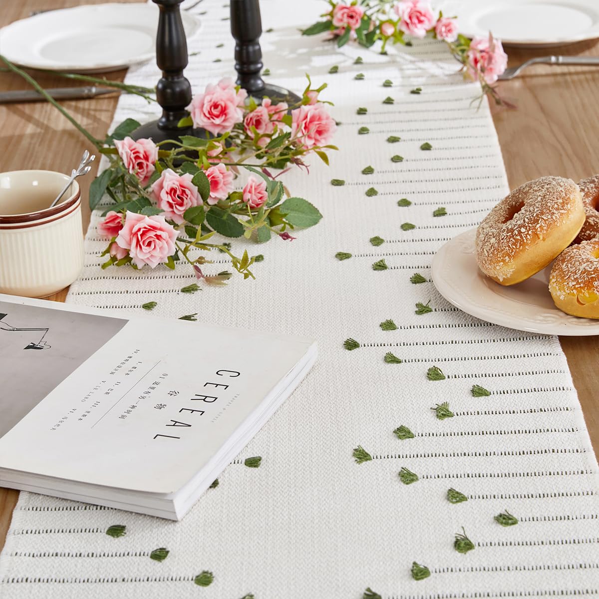 Wracra Boho Table Runner, Natural Cotton Woven Macrame Table Runners 36 Inches Long for Modern Farmhouse Woven Home Decor, 14x36 Inch, Green