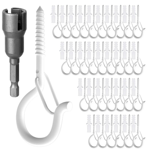 GIPTIME 32Pcs Q-Hanger Hooks with Safety Buckle, Windproof Screw Hooks for Hanging Outdoor String Lights, Plants, Christmas Decorations, Includes Wing Nut Driver, White