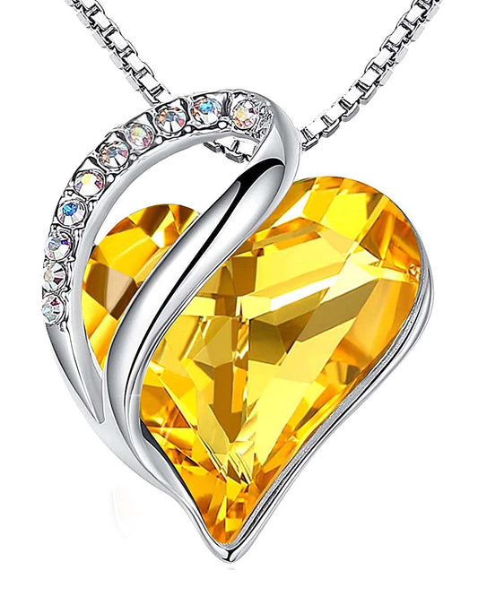 Leafael Gift Necklaces for Women, Infinity Love Birthstone Heart Pendant, Citrine Yellow Crystal for November, Birthday Jewelry for Her, Mom, and Wife, Silver Plated, 18" + 2" Chain