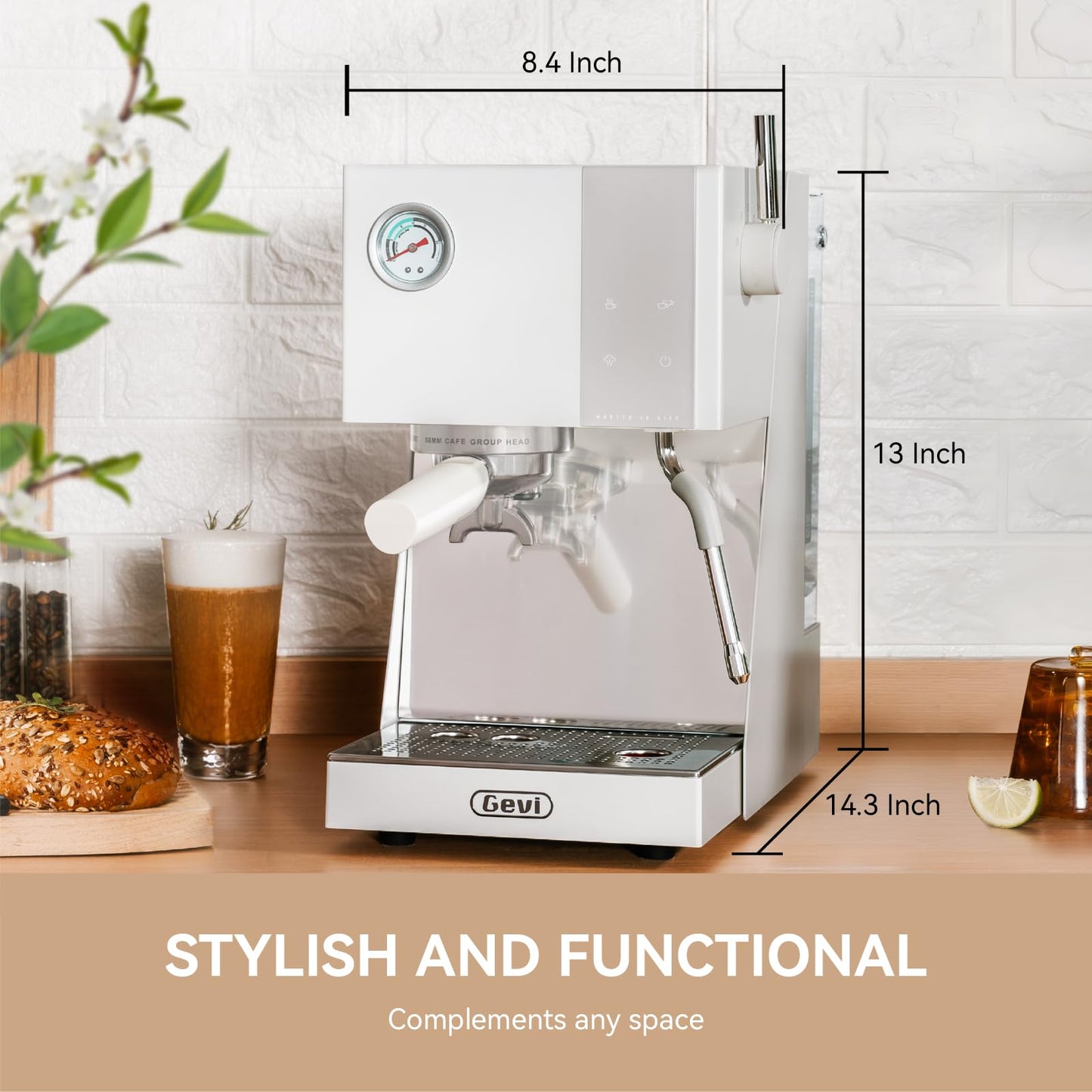 Gevi Espresso Machine with OPV, 20Bar Espresso Maker with Milk Frother Steam Wand, Dual Display, 58mm Portafilter, Stainless Steel Espresso Machines for Espresso/Latte/Cappuccino, White