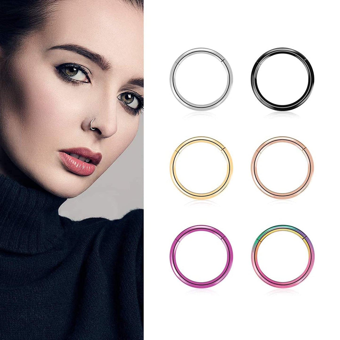 BOGKU 6pcs G23 Titanium Hinged Nose Rings Hoop 16 Gauge 6mm Nose Septum Clicker Segment Rings Cartilage Conch Tragus Helix Rook Hoop Earring Body Piercing Jewelry