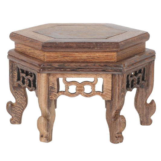 Cabilock Hexagonal Table Base Wooden Plant Stand Chinese Style Flower Pot Display Rack Teapot Stand for Bonsai Vases Planters 5.1X5.1X3.5 Inch