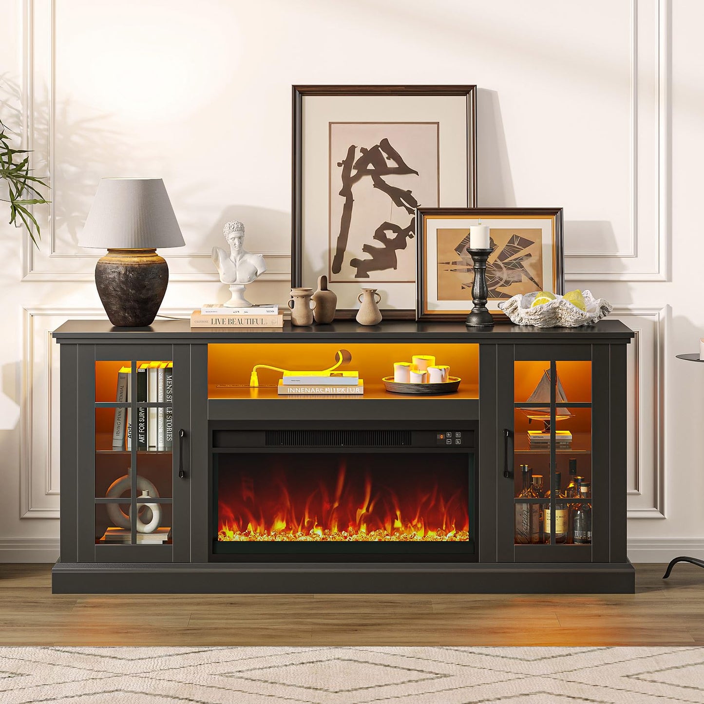 Rolanstar Fireplace TV Stand with Led and Power Outlets, Black Entertainment Center with 26" Electric Fireplace for 45/50/55/60/65 inch TVs, Modern TV Console with Storage Cabinet for Living Room