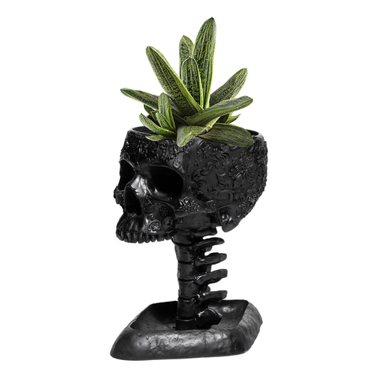GUTE Skull Planter Pot, Makeup Brush & Pen Holder - Black Skeleton Backbone Plant, 6" Deep Polyresin Strong for Succulents Plants & Flowers - Spooky Skulls Home Decor Serving